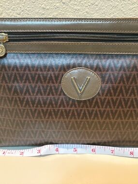 Valentino Garavani Brown V-Pattern Toiletry Bag with Gold V Emblem